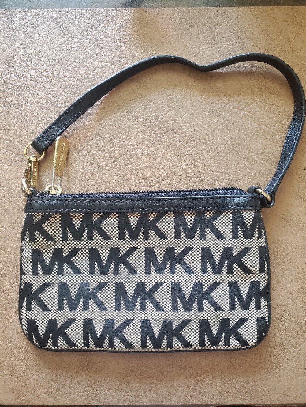 Michael Kors Black and Beige MK Logo Canvas Wristlet with Gold Hardware Purse